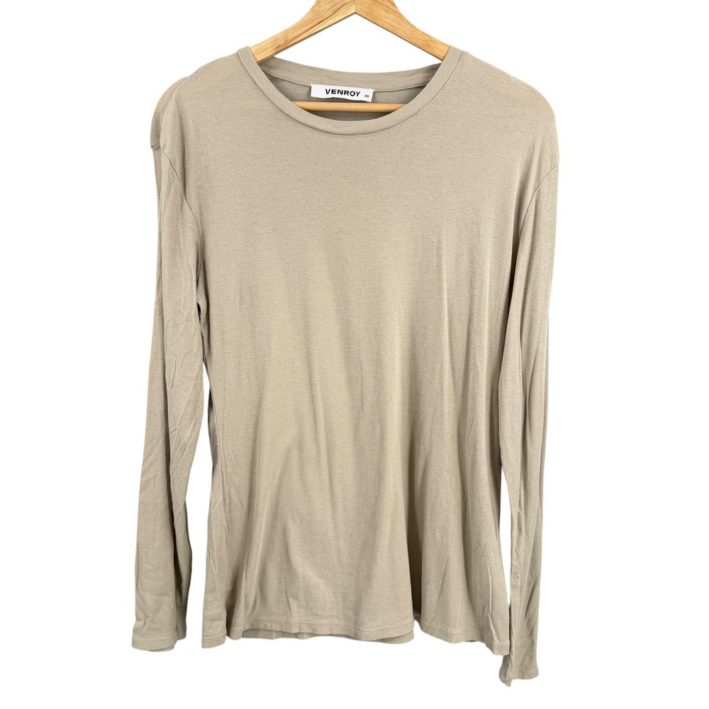 Venroy Long Sleeve Tee XS Tan Cotton‎ Crew Neck Minimalist Basic Lightweight